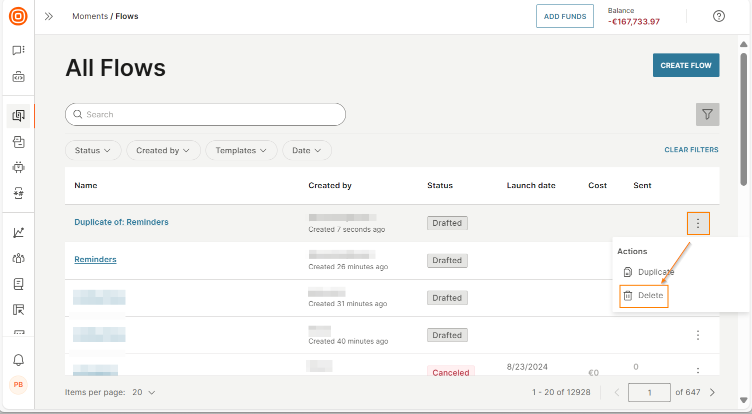 deleting or duplicating communication on cpaas