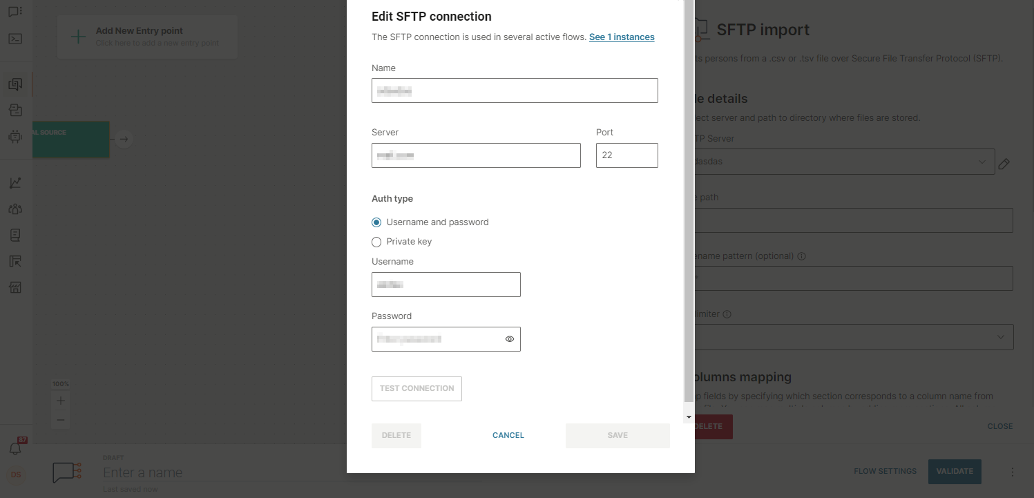 Moments Flow SFTP Import Entry Point Edit Connection