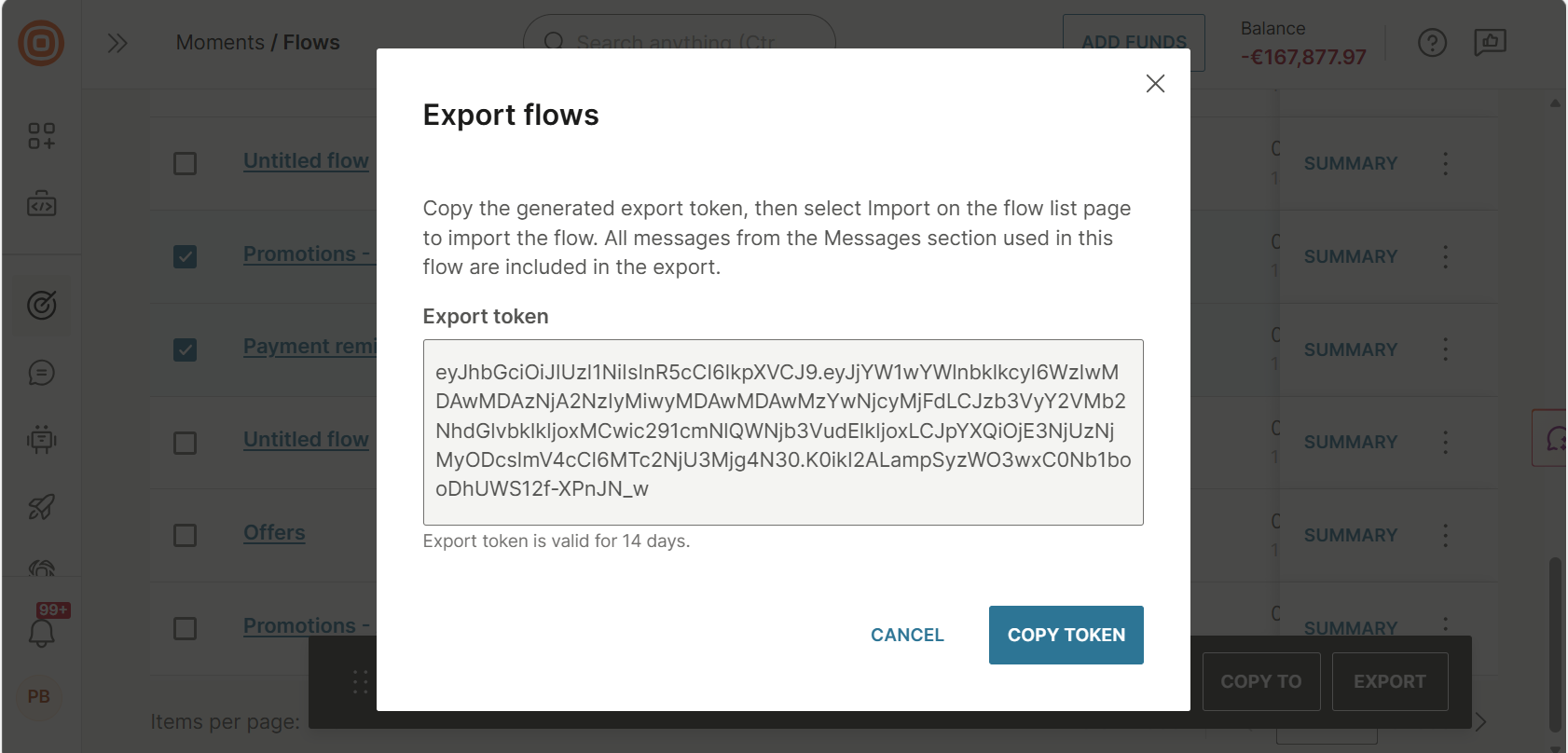 Image that shows how to copy the export token