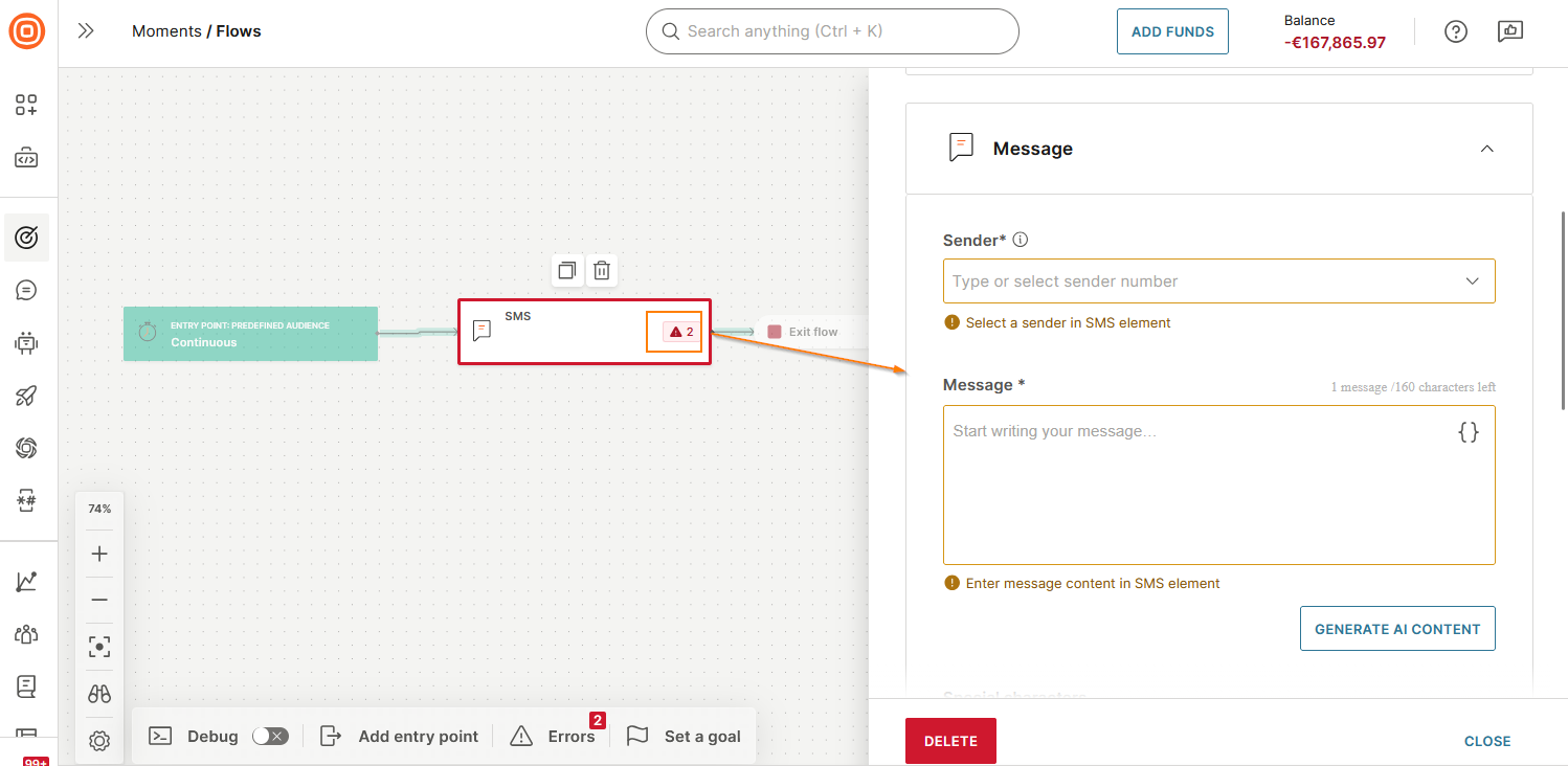 Image that shows an error message for the SMS element