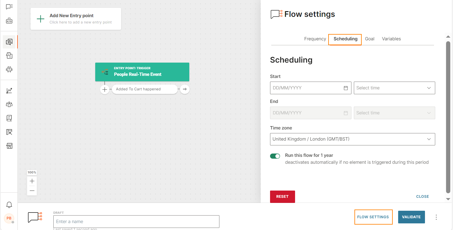 Scheduling settings for the flow