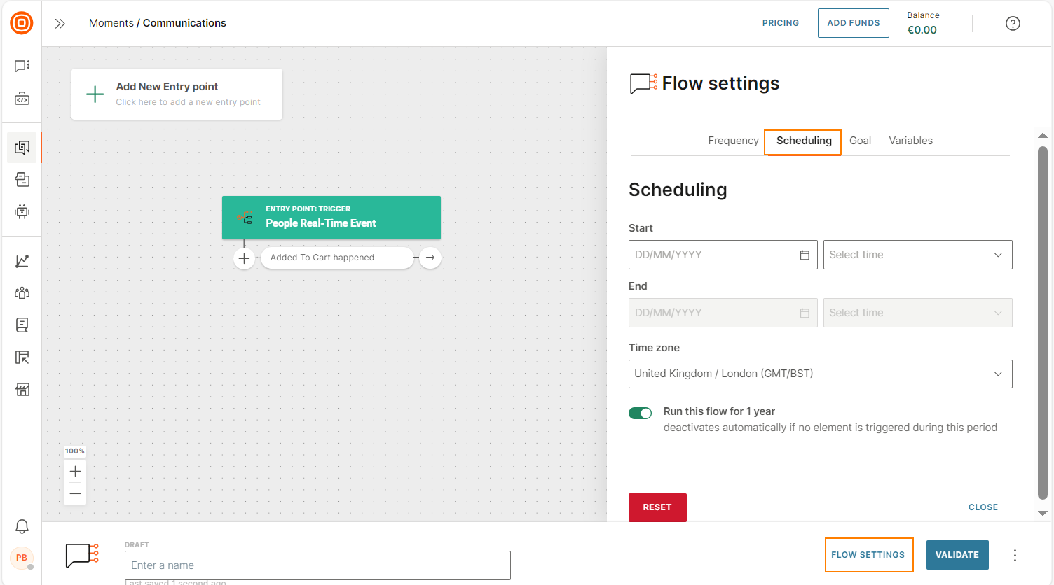 Scheduling settings for the flow