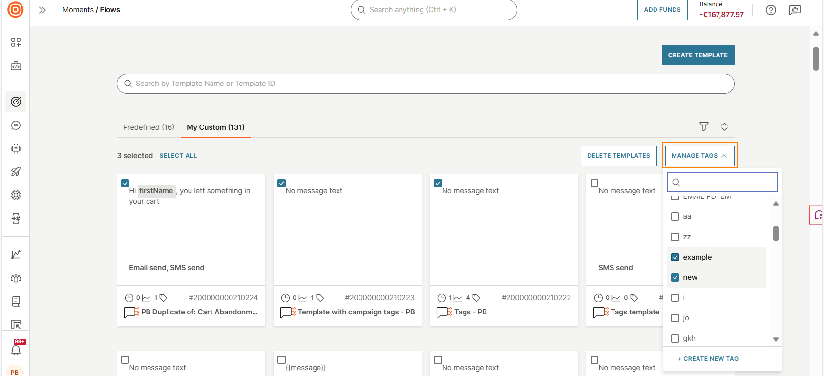 Image that shows how to add or remove template tags from one or more templates