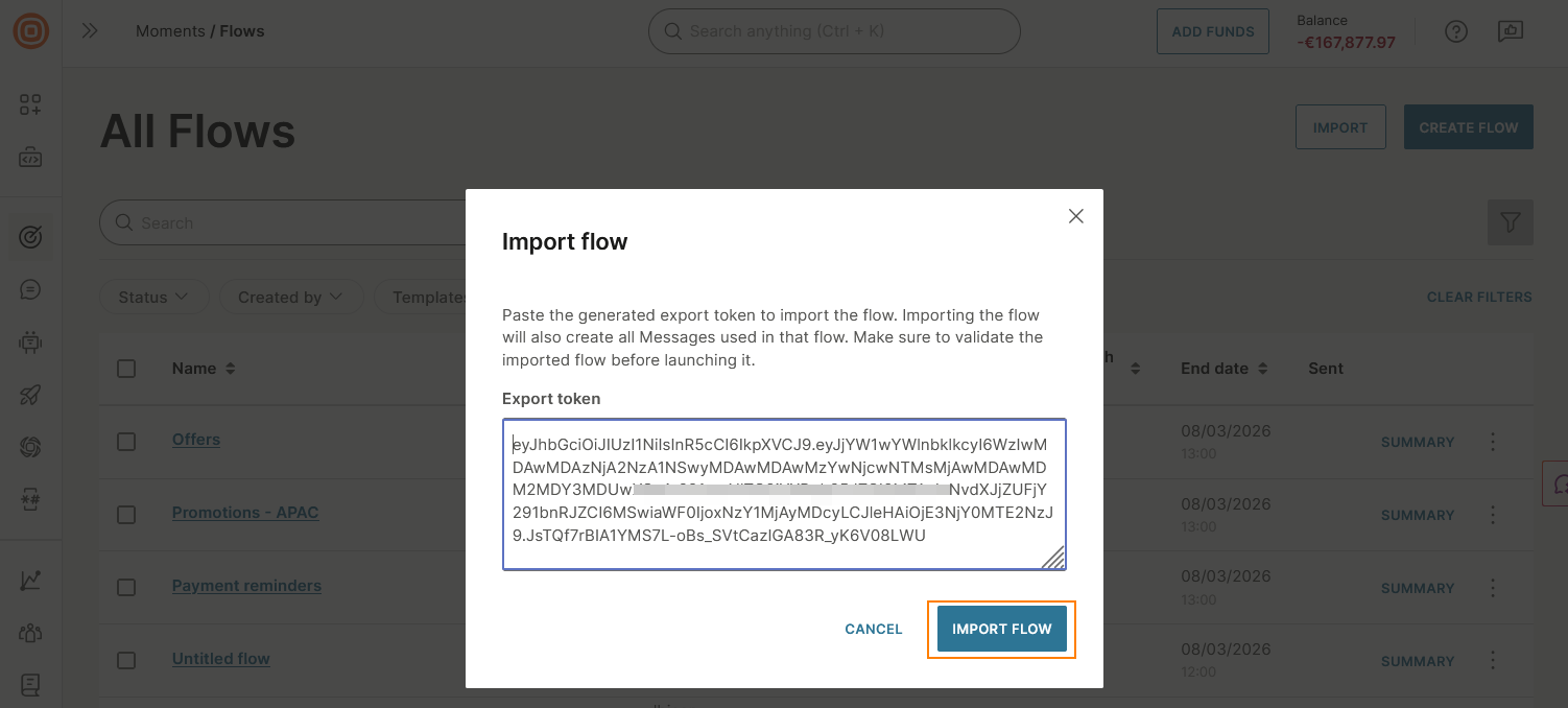 Image that shows how to use the export token to import the flow