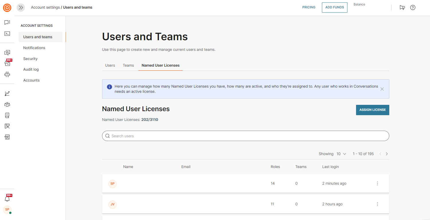 Conversations - Named user license tab
