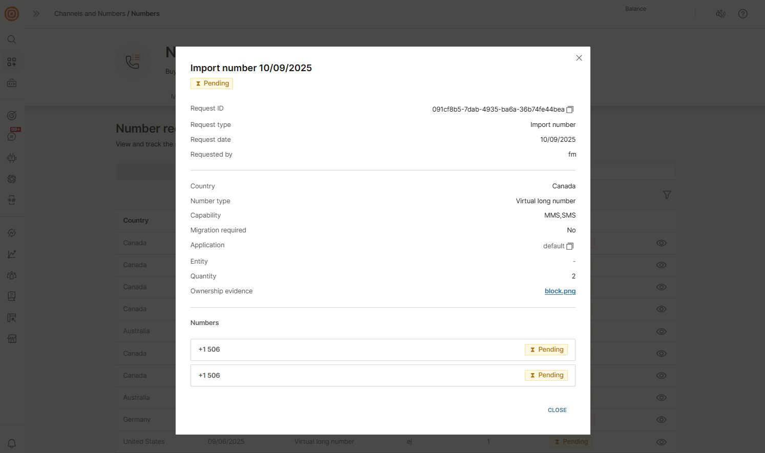 Numbers - Import request details