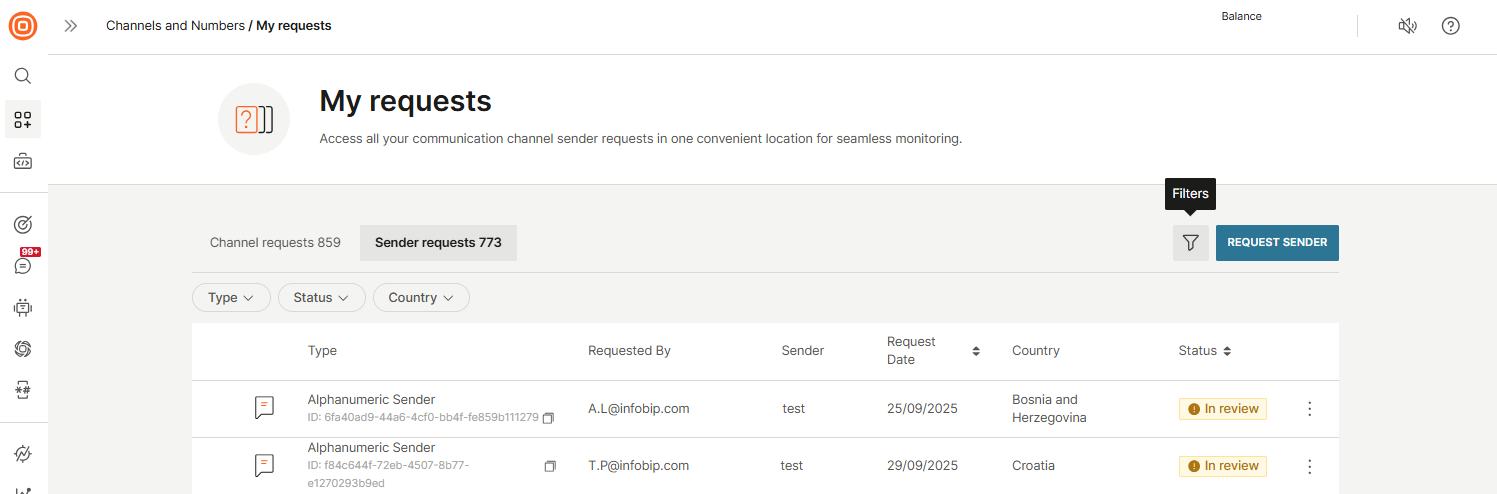 Numbers - Channel and sender requests filter