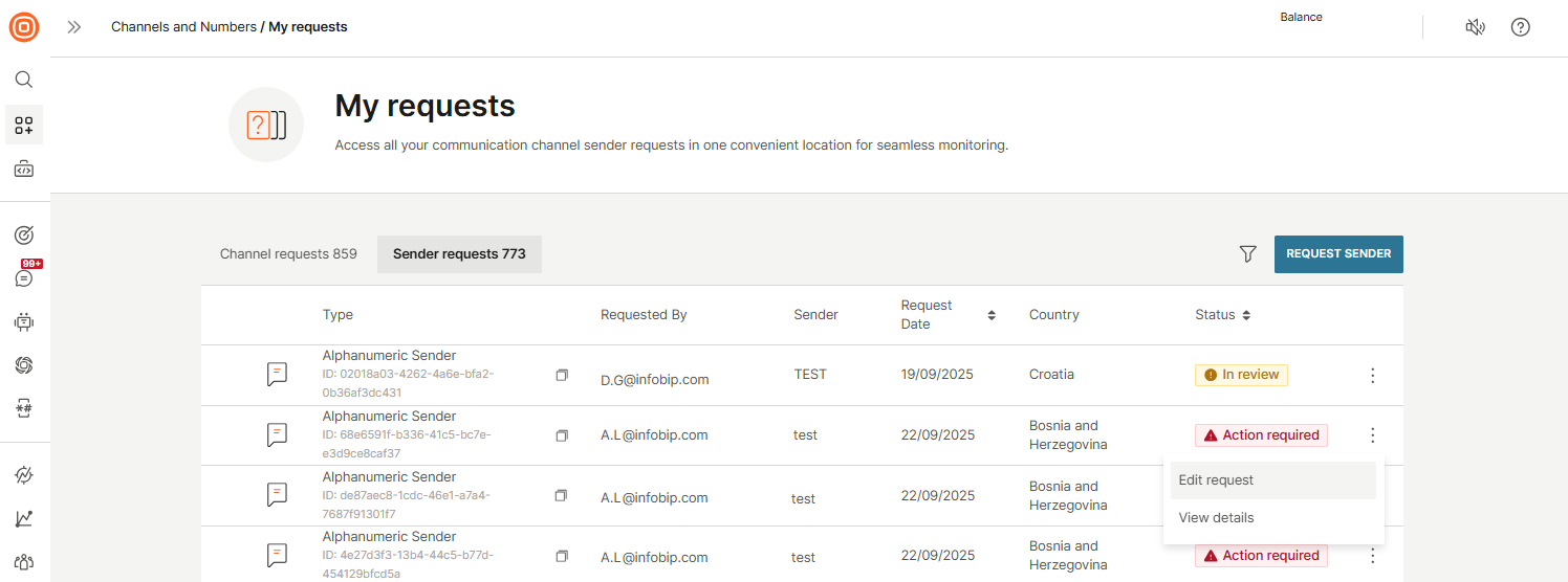 Numbers - Channel and sender requests options