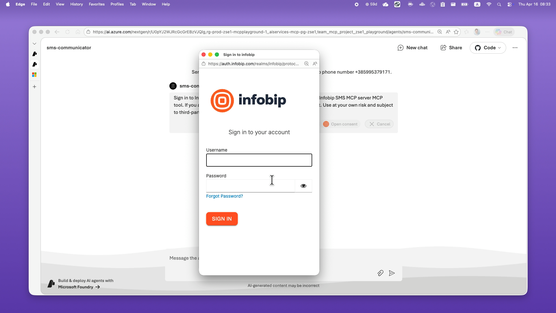 Infobip OAuth sign-in popup with username and password fields