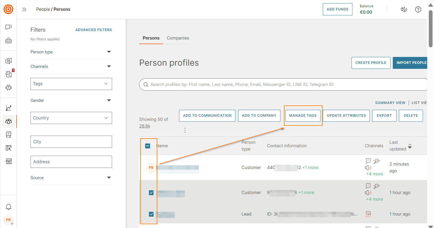 Select profiles for which you want to add the tag