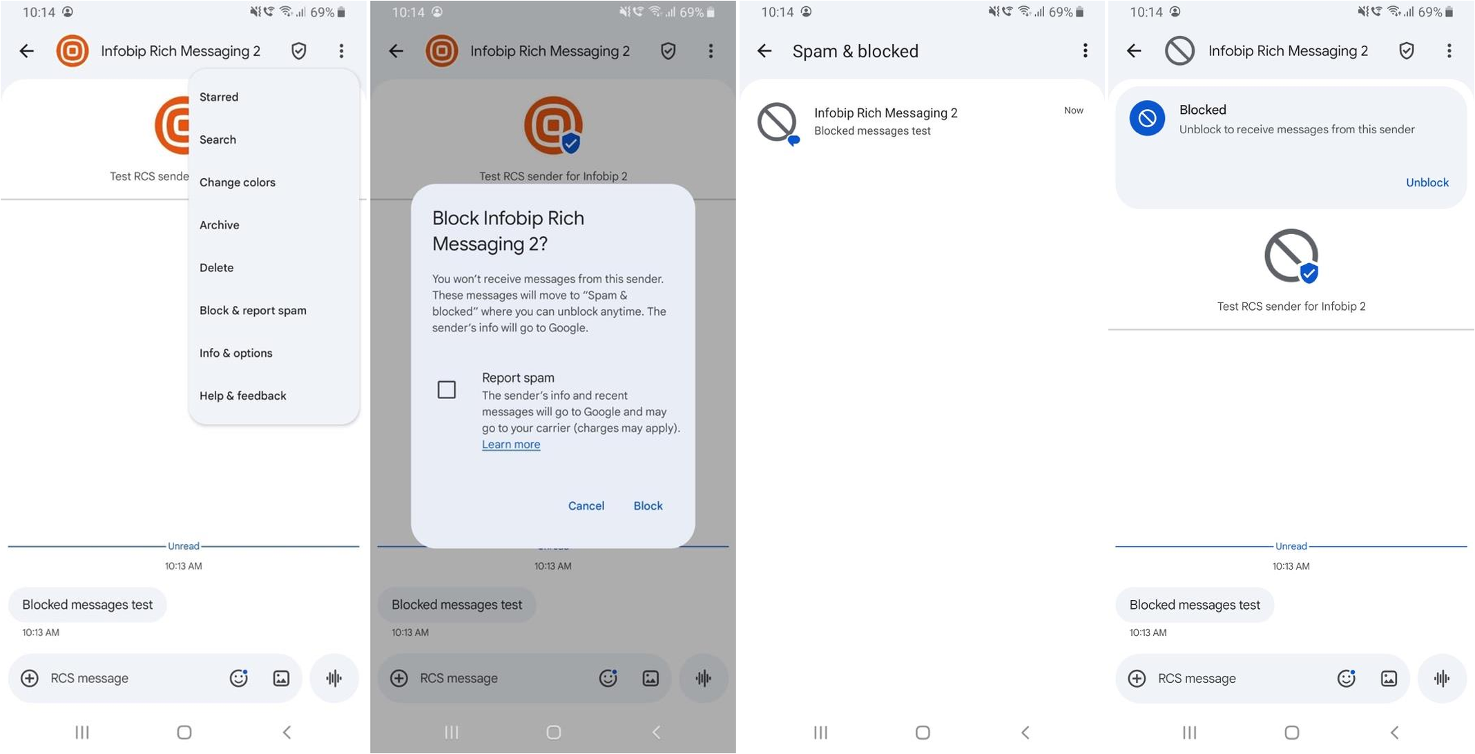 Android block and report spam flow showing menu, confirmation dialog, spam folder, and blocked sender view