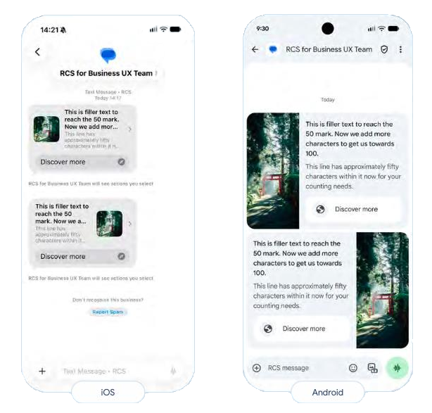 Horizontal rich card comparison between iOS and Android showing image truncation on iOS