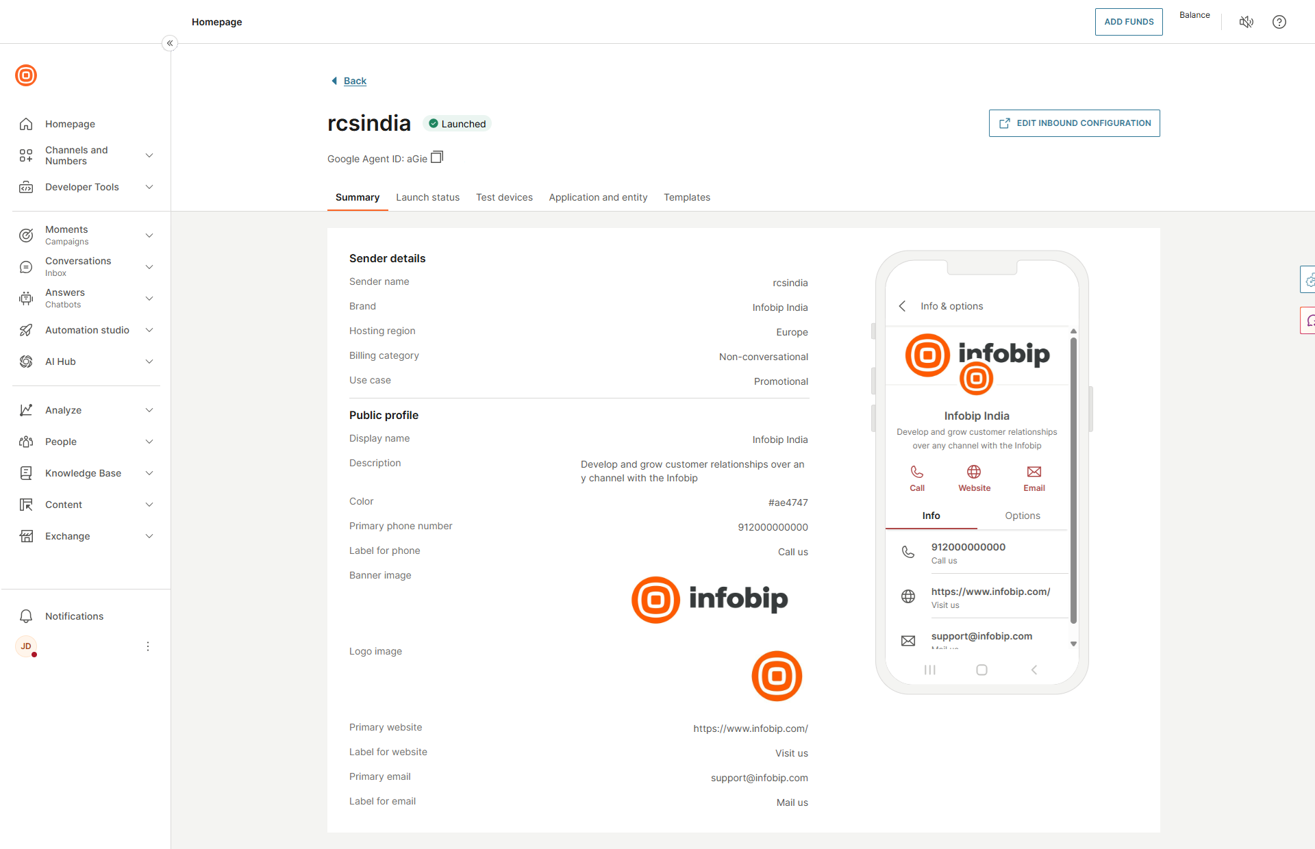 RCS sender summary page showing sender details, public profile, and a mobile preview of the sender info