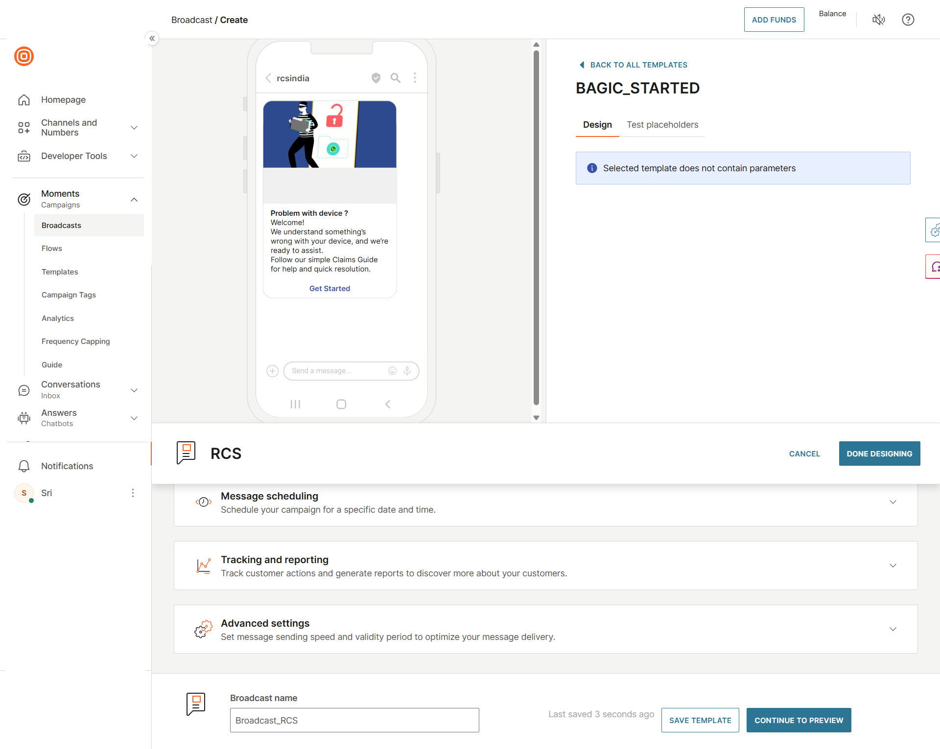 Selected RCS template preview
