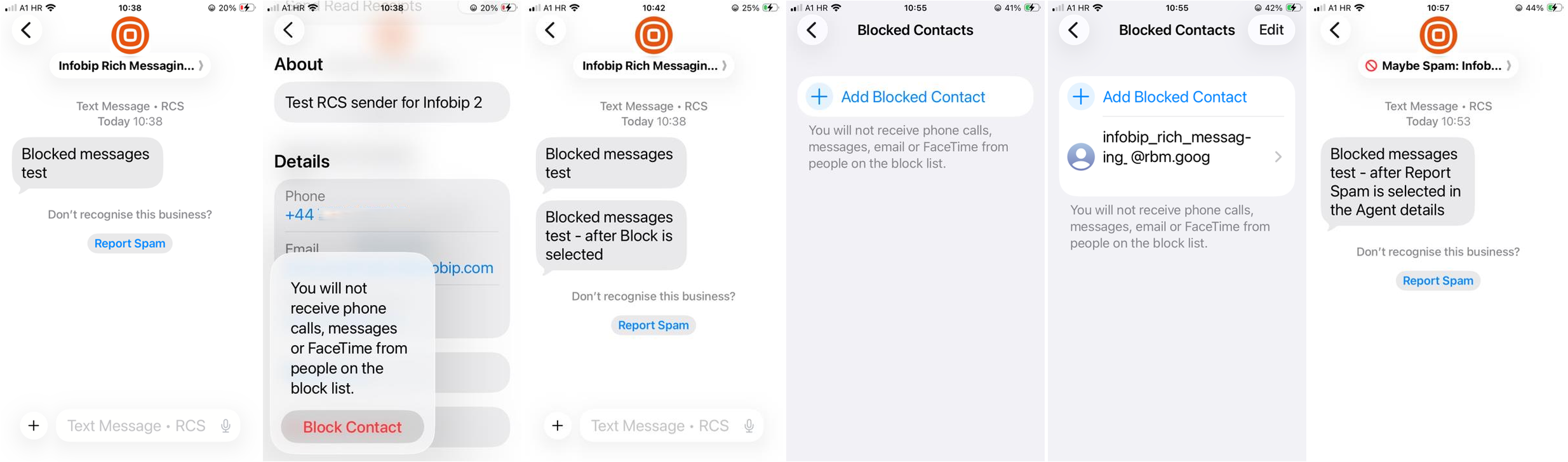 iOS Block this Sender flow showing message thread, block confirmation, messages after block, empty blocked contacts, manually added agent, and block icon