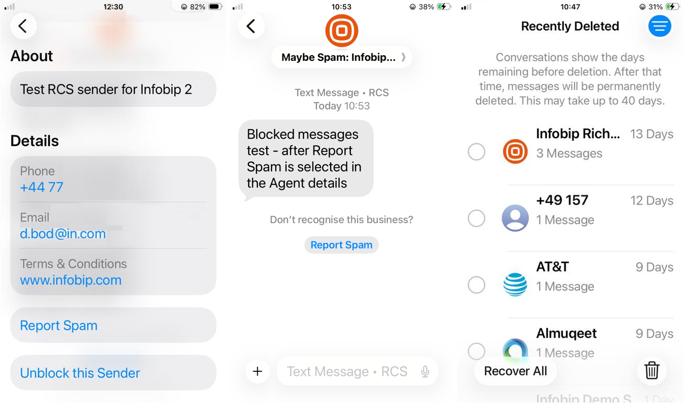 iOS Report Spam from agent details flow showing agent details screen, Maybe Spam prefix, and recently deleted recovery