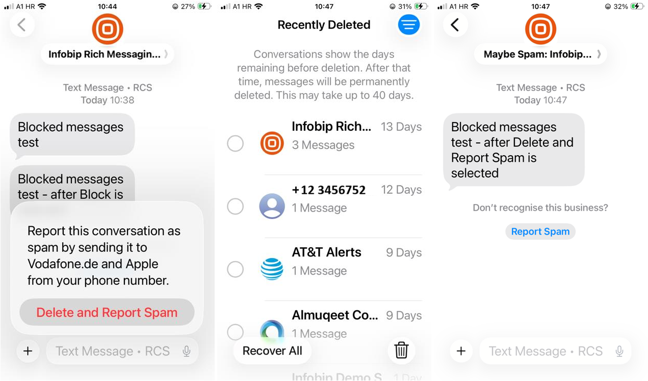 iOS Report Spam flow showing delete and report dialog, recently deleted folder, and Maybe Spam prefix on new message
