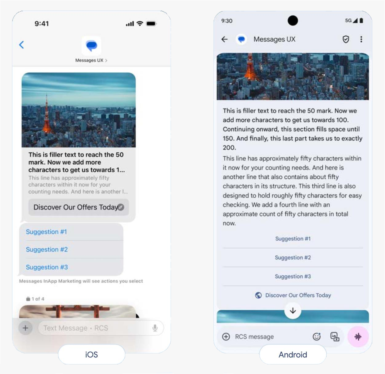 Suggested actions and replies in rich cards comparison between iOS and Android