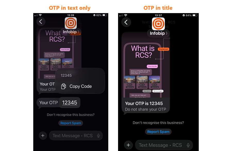 rcs otp in text message and title comparison