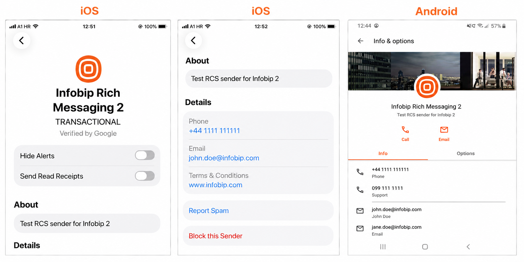 Agent contact details comparison showing multiple contacts on Android versus primary-only on iOS