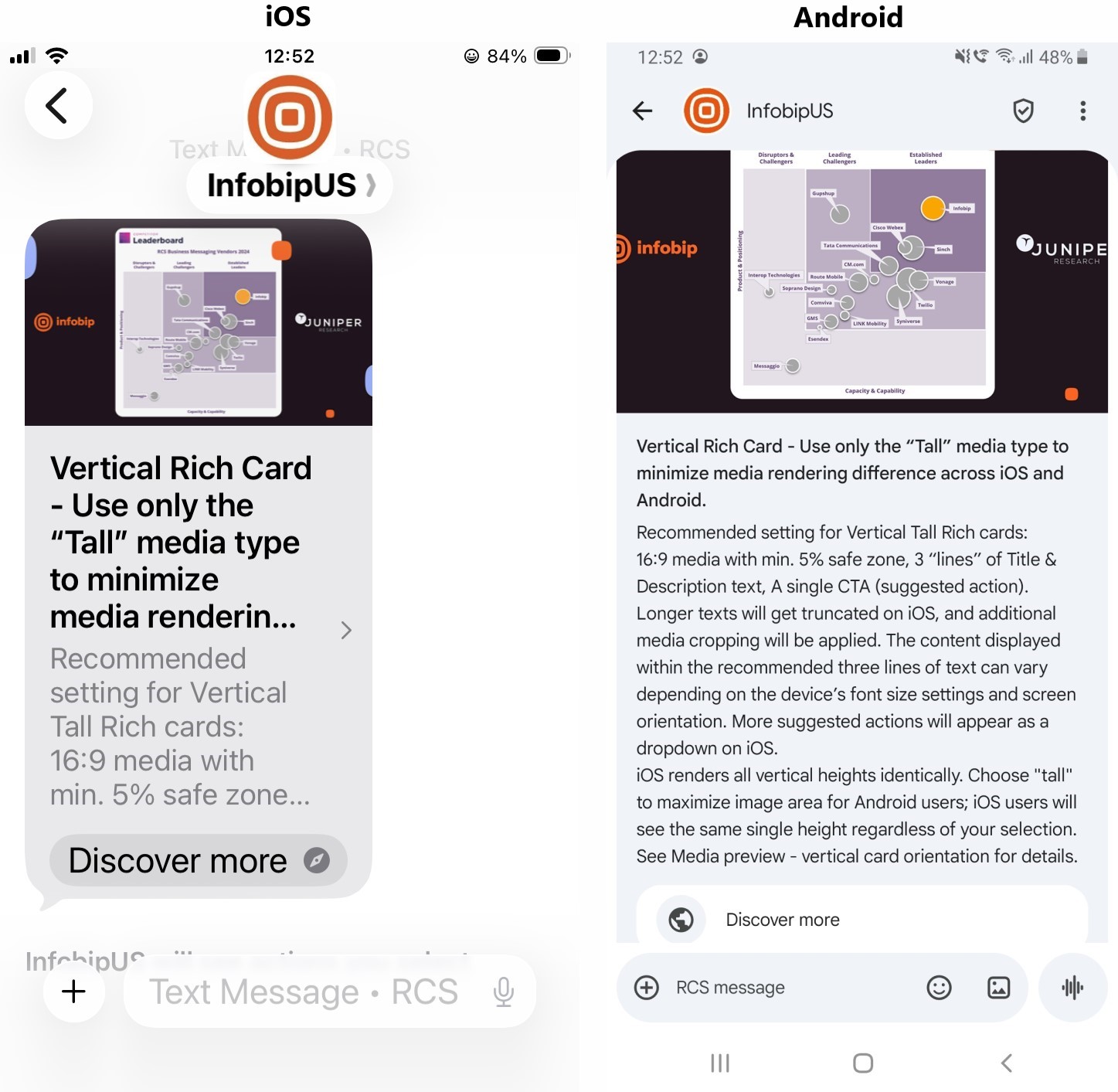 Vertical rich card comparison between iOS and Android showing height rendering differences