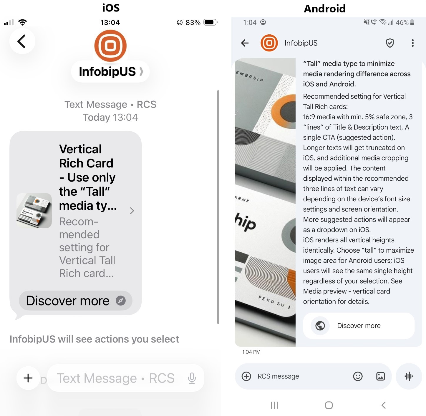 Horizontal rich card comparison between iOS and Android showing height rendering differences