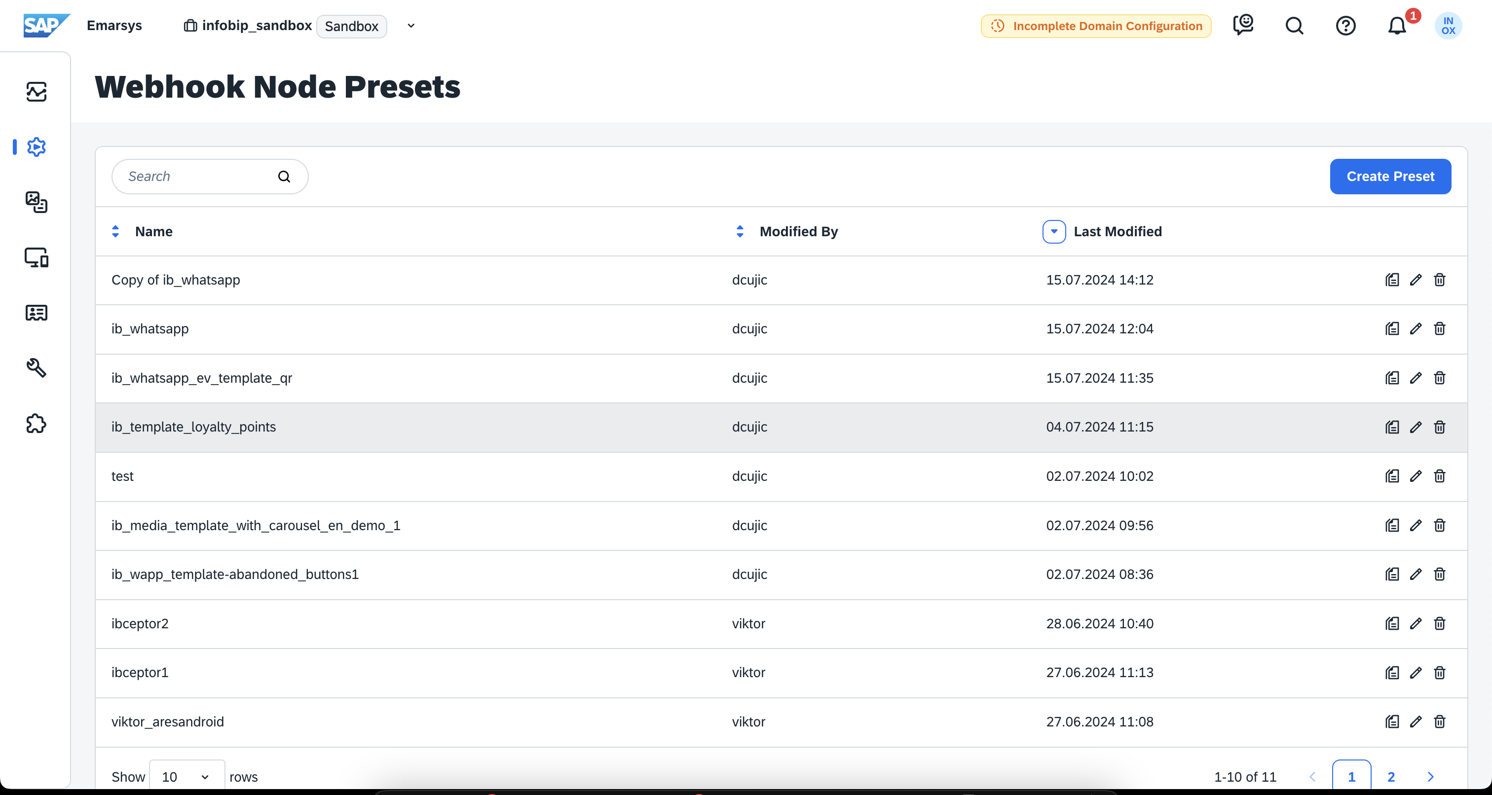 Create webhook node presets