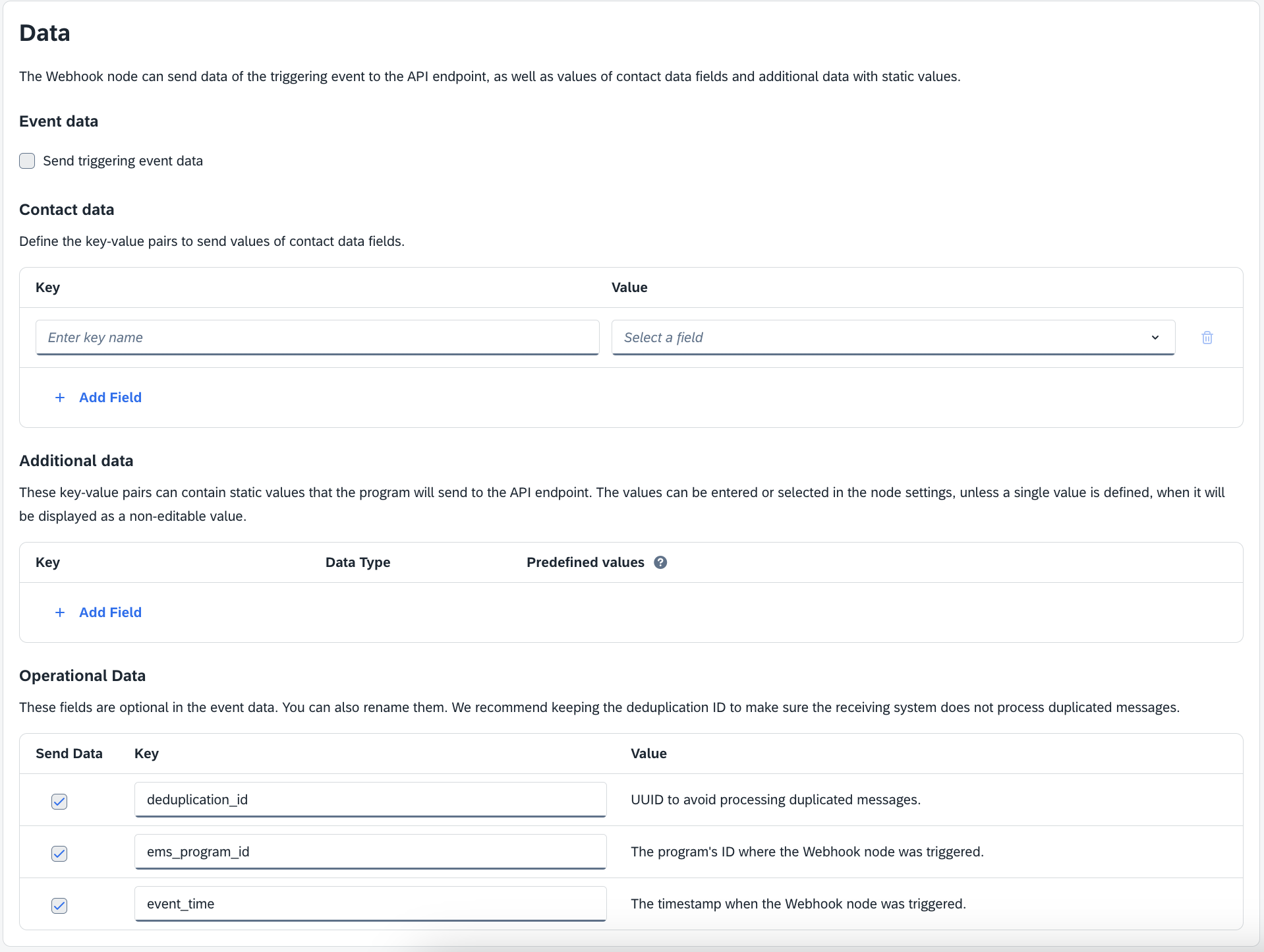 Webhook node presets data