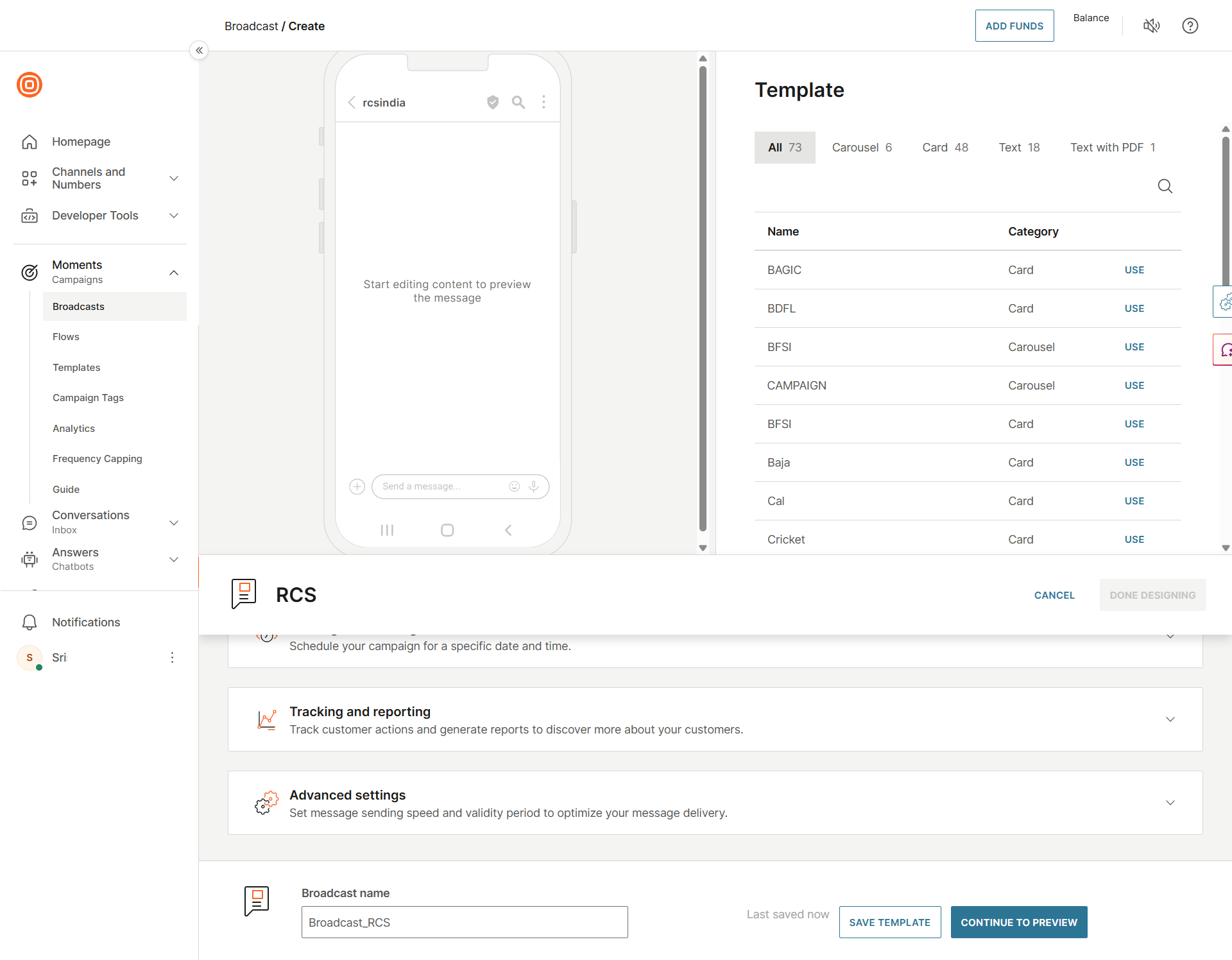 Select RCS template type