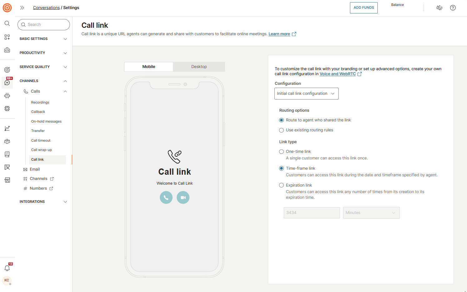 Calls - Create call link