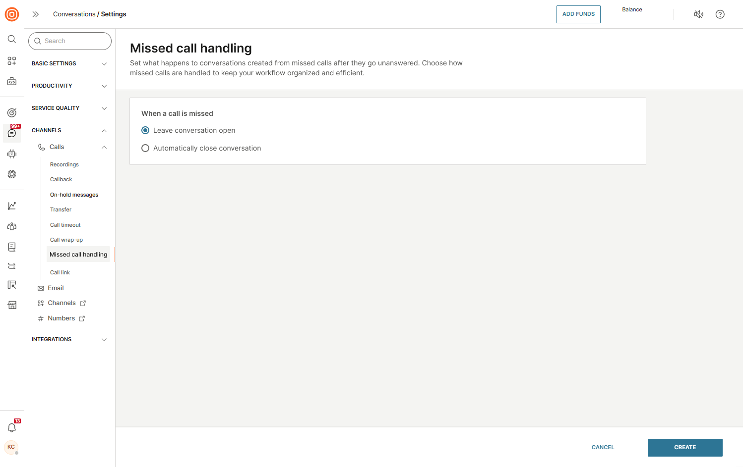 Calls - Missed calls setup