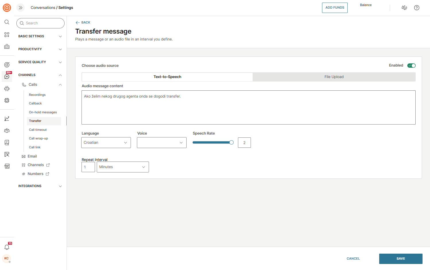 Calls - Transfer message TTS