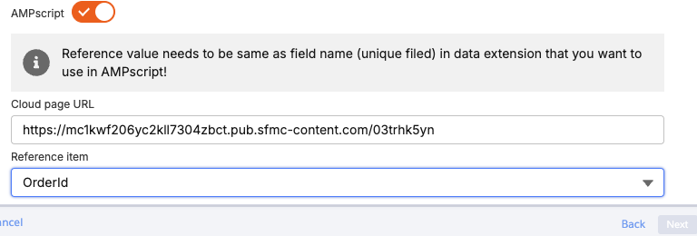 SFMC CloudPage URL input field