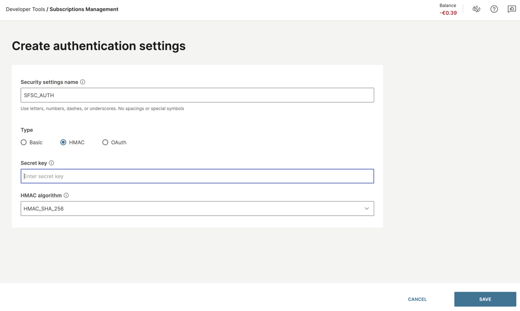Create authentication settings with HMAC type and HMAC_SHA_256 algorithm
