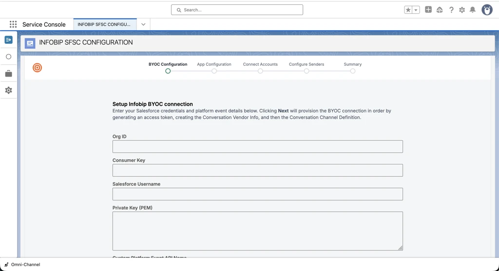 BYOC Configuration wizard step 1 with Salesforce credentials and platform event fields