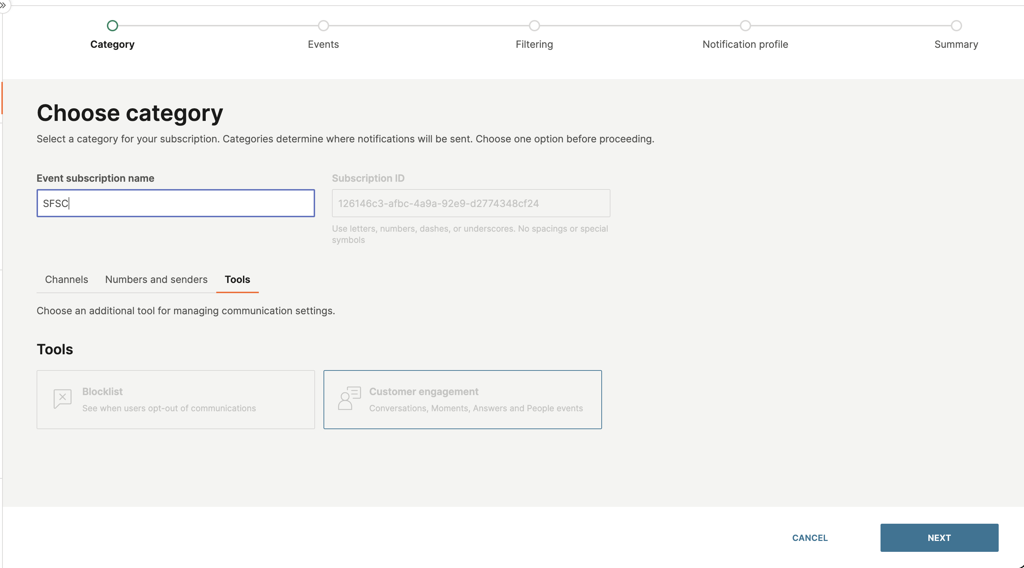 Choose category screen with Tools tab and Customer engagement option selected