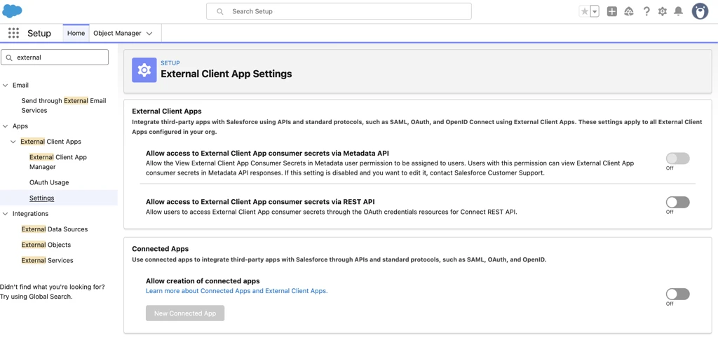 External Client App Settings with Allow creation of connected apps toggle