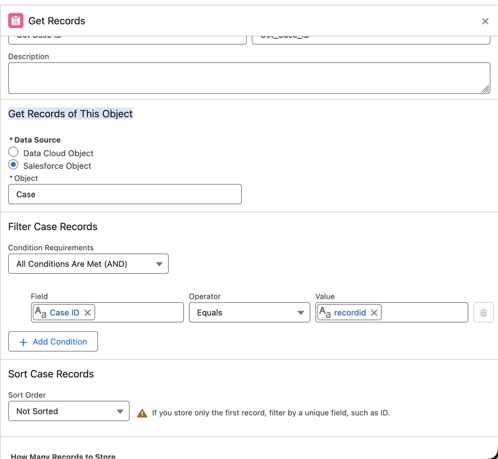 Get Records action configured for Case object