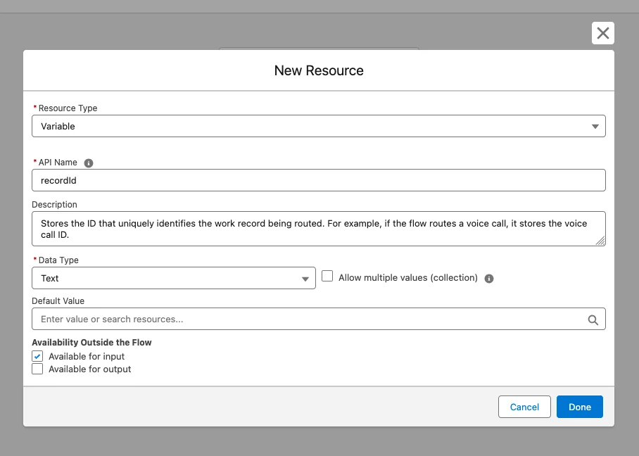 New Resource dialog for creating the recordId variable