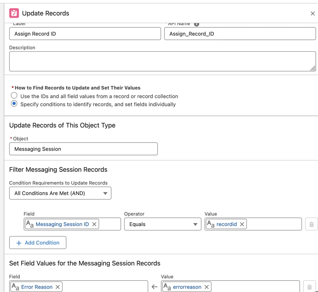 Update Records action configured for Messaging Session with Error Reason field