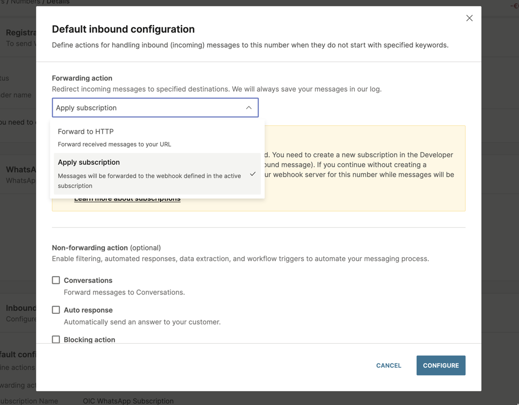 Default inbound configuration with Apply subscription forwarding action