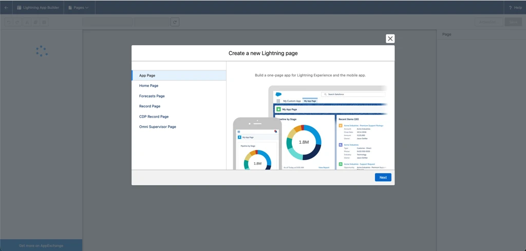 Create a new Lightning page dialog with App Page option selected