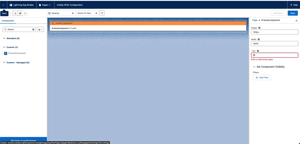 Lightning App Builder with iFrame component and Src URL configured