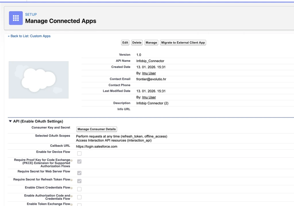 Manage Connected Apps view showing API and OAuth settings