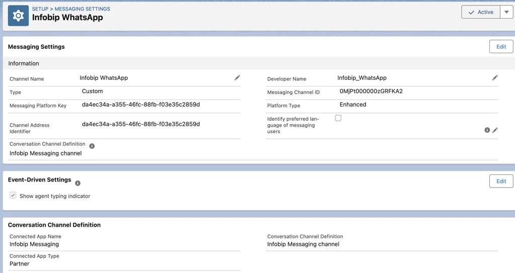 Messaging channel detail page showing Messaging Platform Key and Channel Address Identifier