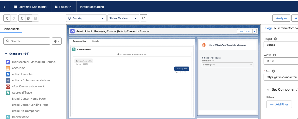 Messaging Session page with iFrame component showing WhatsApp templates
