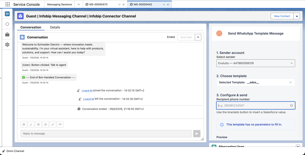Messaging Session page showing WhatsApp templates panel after saving and reopening