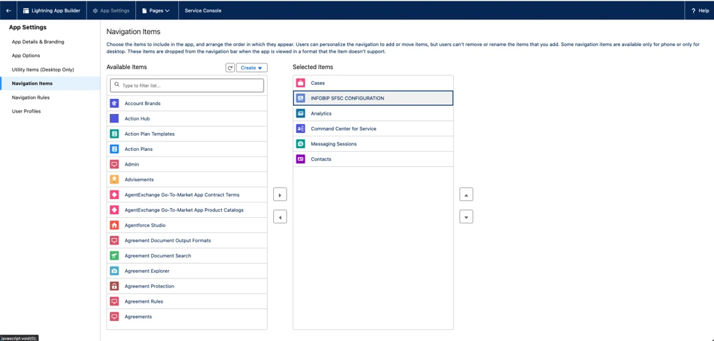 Service Console Navigation Items with the configuration page added