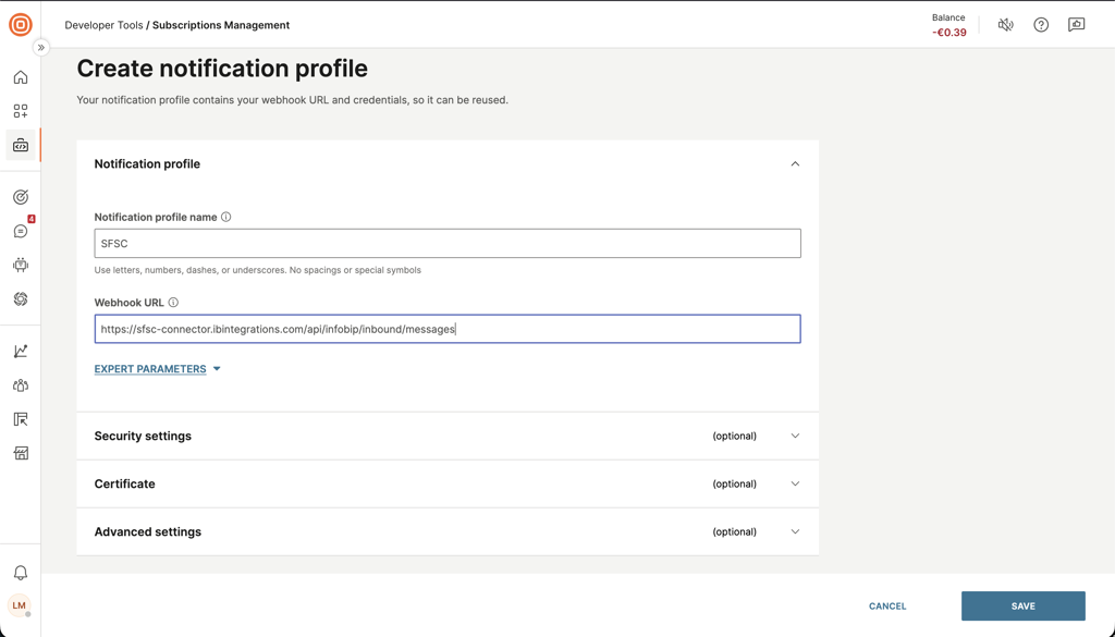 Create notification profile with Webhook URL configured