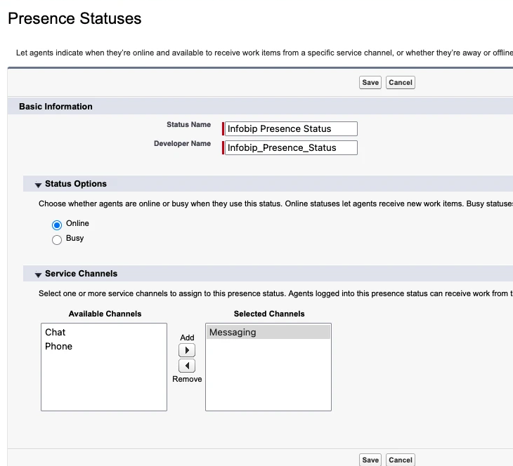 Presence Status setup with Online status and Messaging channel selected